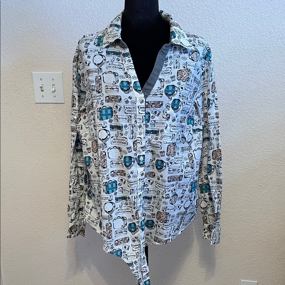 Style & Co. White Shirt Lined with Teal and Black Print